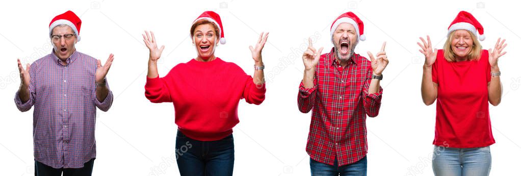 Collage of group of middle age and senior people wearing christmas hat over isolated background celebrating mad and crazy for success with arms raised and closed eyes screaming excited. Winner concept