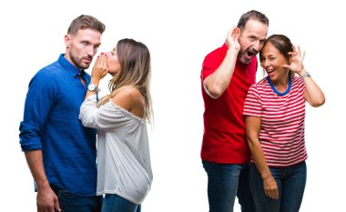 Kolaj bir işitme söylenti ya da dedikodu için dinleme kulak üzerinde el ile gülümseyen izole arka plan üzerinde aşık genç ve Olgun çift. Sağırlık kavramı.