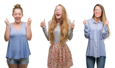 Kolaj izole arka kolları olan başarı için heyecan üzerinde sarışın kadınlar Grup zafer kutluyor gülümseyen kaldırdı. Kazanan kavramı.