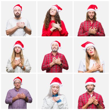 Collage of group of people wearing chrismast hat over isolated background smiling with hands on chest with closed eyes and grateful gesture on face. Health concept. clipart