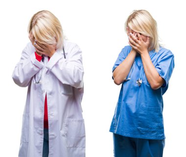 Kolaj doktor ve hemşire kadın beyaz bir arka plan üzgün ifade yüz eller ile ağlayarak süre kapsayan ile izole. Depresyon kavramı.