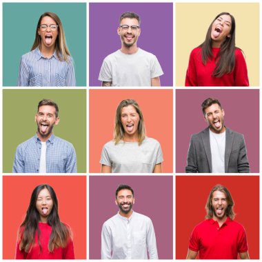 Grup insanlar, kadınlar ve erkekler renkli izole arka plan yapışma dil üzerinde komik ifade ile mutlu dışarı kolaj. Duygu kavramı.