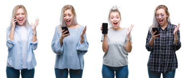 Güzel sarışın genç kadının izole arka plan üzerinde çok mutlu ve heyecanlı, kocaman bir gülümseme ile çığlık ve ellerini kaldırdı kazanan ifade kutluyor zafer smartphone kullanarak kolaj