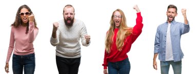 Kolaj grup beyaz izole arka plan öfkeli ve sinirli sinirli ve öfke ile bağırarak süre öfkeli yumruk yükselterek üzerinde genç insan. Öfke ve agresif kavramı.