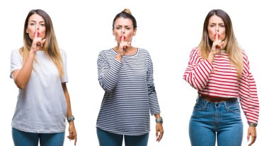 Kolaj dudaklarında parmak ile sessiz olmanı izole arka plan üzerinde genç güzel kadın. Sessizlik ve gizli kavramı.