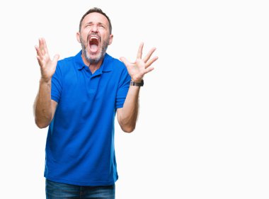 İzole arka plan çılgın ve kızgın bağırarak ve agresif ifade ve silah kaldırdı bağırmaya orta yaş ağarmış komuta sizde. Hayal kırıklığı kavramı.