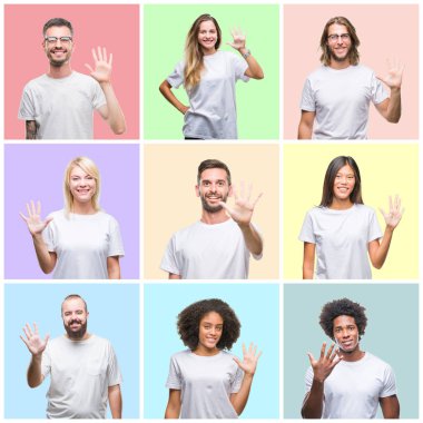 Kolaj grup insanlar, kadın ve erkek üzerinde gösterilen ve parmakları ile işaret renkli izole arka plan beş kendinden emin ve mutlu gülümseyerek iken numara.
