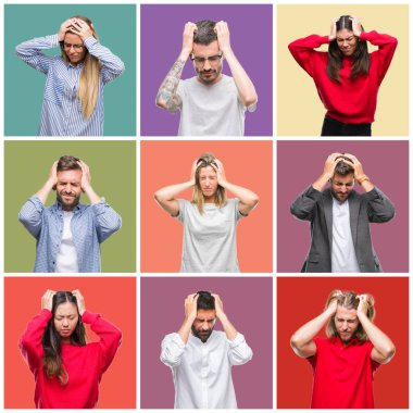 Kolaj grup insanlar, kadınlar ve erkekler çünkü umutsuz ve stresli baş ağrısı acı renkli izole arka plan üzerinde ağrı ve migren. Ellerini kafasına.