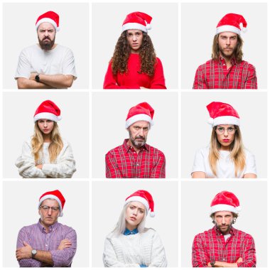 Collage of group of people wearing chrismast hat over isolated background skeptic and nervous, disapproving expression on face with crossed arms. Negative person. clipart