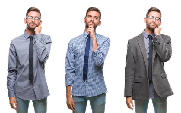 Collage Hombre Hispano Joven Negocios Sobre Fondo Aislado Con Mano —  Fotos de Stock