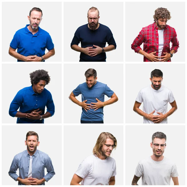 Collage Grupo Hombres Sobre Fondo Blanco Aislado Con Mano Estómago —  Fotos de Stock