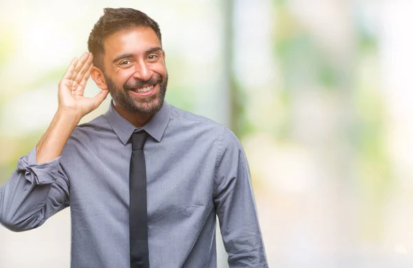 Homem Negócios Hispânico Adulto Sobre Fundo Isolado Sorrindo Com Mão — Fotografia de Stock