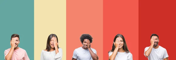Collage Olika Etnisk Ungdomar Över Färgglada Ränder Isolerade Bakgrund Som — Stockfoto