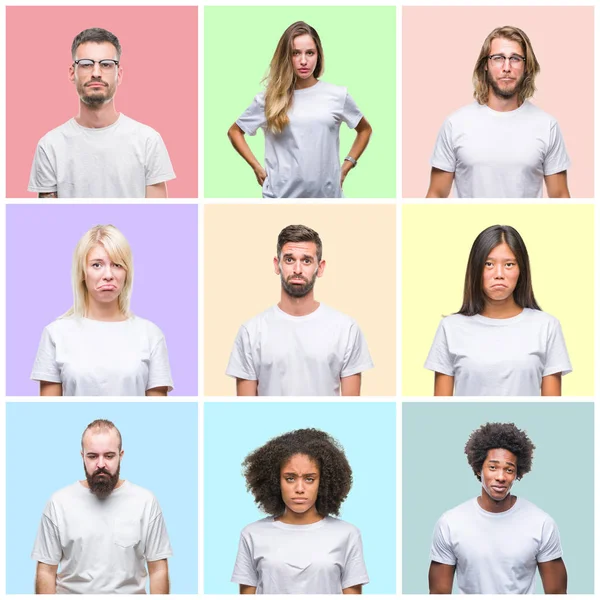 Collage Personas Grupo Mujeres Hombres Sobre Coloridos Antecedentes Aislados Deprimidos — Foto de Stock