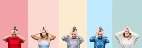 Colagem Jovem Mulher Bonita Sobre Listras Vintage Coloridas Isolado Fundo — Fotografia de Stock