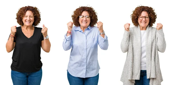 Collage Mezza Età Donna Anziana Sfondo Bianco Isolato Eccitato Successo — Foto Stock