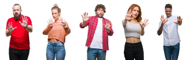 Collage Van Groep Jongeren Kleurrijke Geïsoleerde Achtergrond Bang Doodsbang Met — Stockfoto