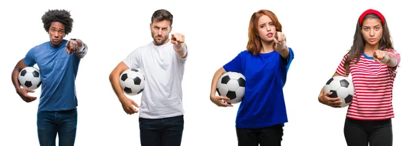 Colagem Pessoas Segurando Bola Futebol Sobre Fundo Isolado Apontando Com — Fotografia de Stock