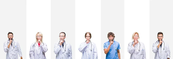 Collage Medici Professionisti Strisce Sfondo Isolato Chiedendo Essere Tranquillo Con — Foto Stock