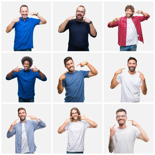 Collage Grupo Hombres Sobre Fondo Blanco Aislado Sonriendo Confiado Mostrando — Foto de Stock