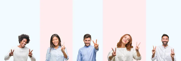 Collage Grupp Ungdomar Över Färgglada Isolerade Bakgrund Leende Ser Att — Stockfoto