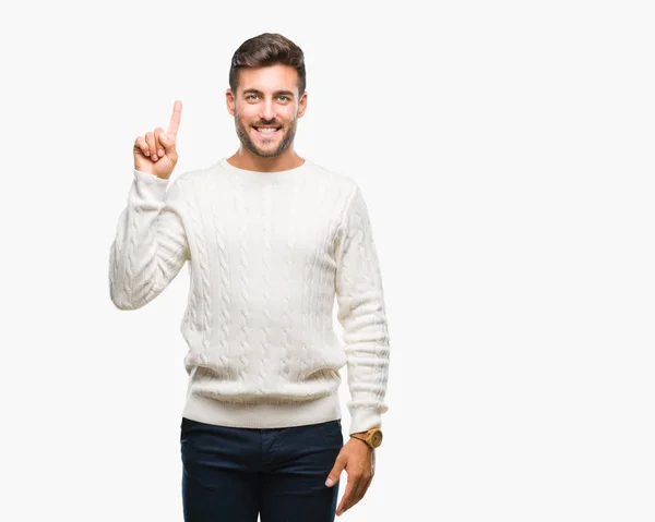 Jovem Homem Bonito Vestindo Camisola Inverno Sobre Fundo Isolado Mostrando — Fotografia de Stock