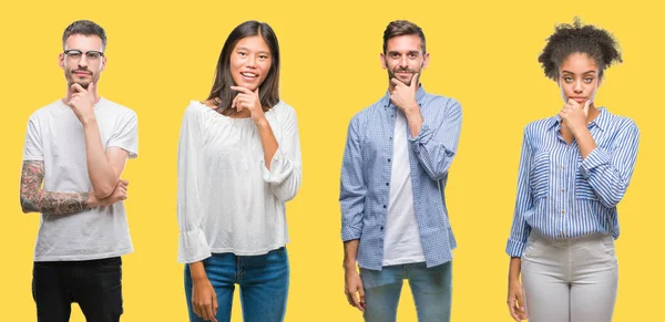 Collage Aus Gruppenmenschen Frauen Und Männern Vor Buntem Gelbem Hintergrund — Stockfoto