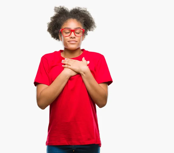 Jovem Afro Americana Vestindo Óculos Sobre Fundo Isolado Sorrindo Com — Fotografia de Stock