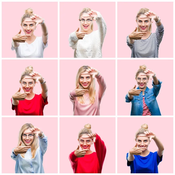 Collage of young beautiful blonde woman over pink isolated background smiling making frame with hands and fingers with happy face. Creativity and photography concept.