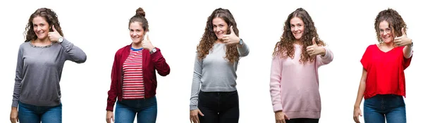 Colagem Jovem Morena Cabelo Encaracolado Menina Sobre Fundo Isolado Fazendo — Fotografia de Stock