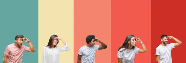 Colagem Diferentes Etnias Jovens Sobre Listras Coloridas Fundo Isolado Muito — Fotografia de Stock