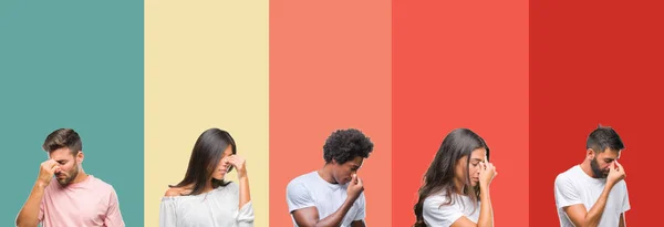 Collage Diverse Etnie Giovani Strisce Colorate Sfondo Isolato Stanco Sfregamento — Foto Stock