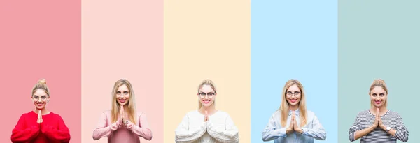 Collage Joven Hermosa Mujer Rubia Sobre Fondo Aislado Colorido Vívido —  Fotos de Stock