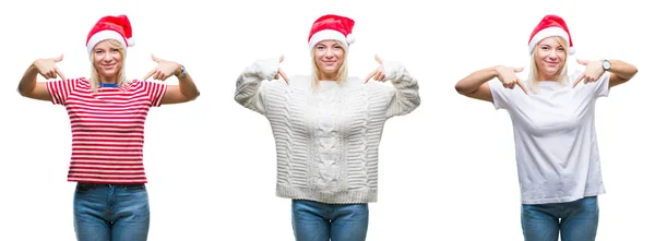 Colagem Bela Mulher Loira Usando Chapéu Natal Sobre Fundo Isolado — Fotografia de Stock