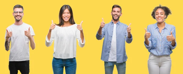 Collage Group People Women Men Colorful Yellow Isolated Background Success — Stock Photo, Image