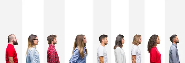 Collage Diferentes Etnias Jóvenes Sobre Rayas Blancas Fondo Aislado Mirando — Foto de Stock
