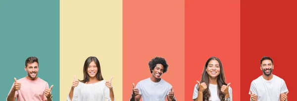 Colagem Diferentes Etnias Jovens Sobre Listras Coloridas Isolado Sinal Sucesso — Fotografia de Stock