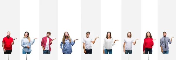 Collage Diferentes Etnias Jóvenes Sobre Rayas Blancas Fondo Aislado Sonriendo — Foto de Stock