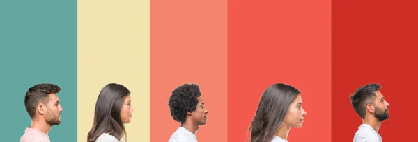 Collage Different Ethnics Young People Colorful Stripes Isolated Background Looking — Stock Photo, Image