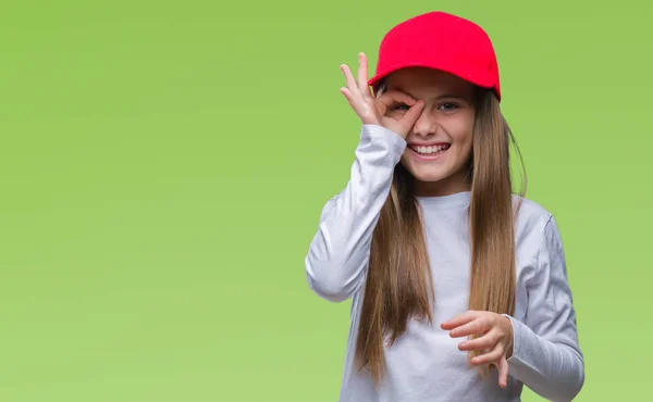 Ung Vacker Flicka Klädd Röd Mössa Isolerade Bakgrund Gör Gest — Stockfoto