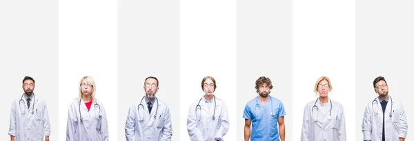 Collage Médicos Profesionales Sobre Rayas Aisladas Fondo Hinchando Mejillas Con —  Fotos de Stock