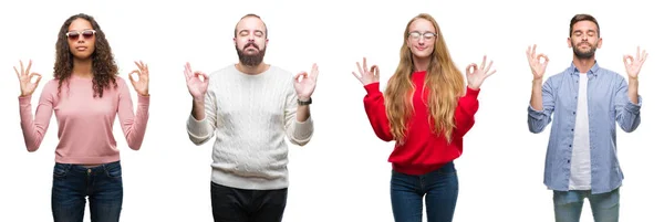 Colagem Grupo Jovens Sobre Fundo Isolado Branco Relaxar Sorrir Com — Fotografia de Stock