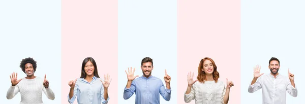 Collage Van Groep Jongeren Kleurrijke Geïsoleerde Achtergrond Weergeven Met Vingers — Stockfoto