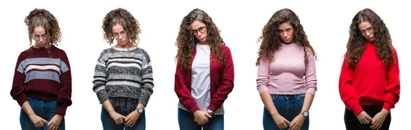 Colagem Jovem Morena Cabelo Encaracolado Menina Sobre Fundo Isolado Deprimido — Fotografia de Stock