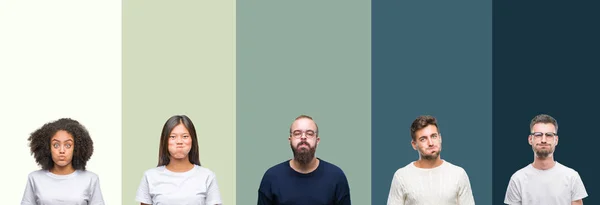 Collage Groupe Jeunes Sur Fond Isolé Coloré Joues Gonflées Avec — Photo