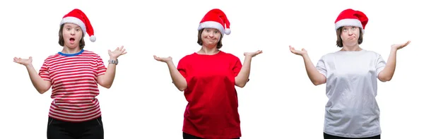 Koláž Dolů Sydrome Žena Nosí Vánoční Čepice Nad Izolované Pozadí — Stock fotografie