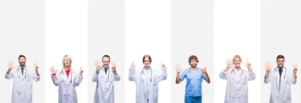 Collage Professional Doctors Stripes Isolated Background Showing Pointing Fingers Number — Stock Photo, Image