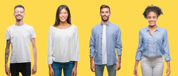 Collage Van Groep Mensen Vrouwen Mannen Kleurrijke Gele Geïsoleerde Achtergrond — Stockfoto