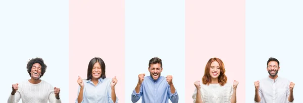 Collage Van Groep Jongeren Kleurrijke Geïsoleerde Achtergrond Enthousiast Voor Succes — Stockfoto