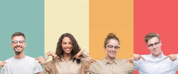 Collage Van Een Groep Mensen Geïsoleerd Kleurrijke Achtergrond Zoek Vertrouwen — Stockfoto